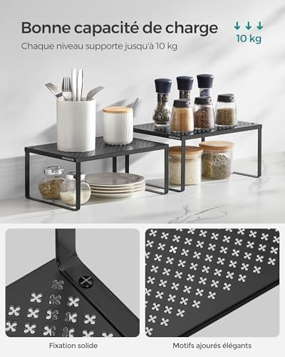 SONGMICS Étagère à Épices, Lot de 2, Support à Épices, Empilable, Extensible, Étagère de Rangement de Cuisine, en Métal, pour Plan de Travail, Noir d'Encre KCS001B01 – Image 5