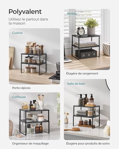 SONGMICS Étagère à Épices, Lot de 2, Support à Épices, Empilable, Extensible, Étagère de Rangement de Cuisine, en Métal, pour Plan de Travail, Noir d'Encre KCS001B01 – Image 6